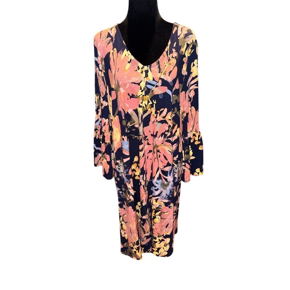 New Directions Womens XL Navy Pink Floral Midi Dress